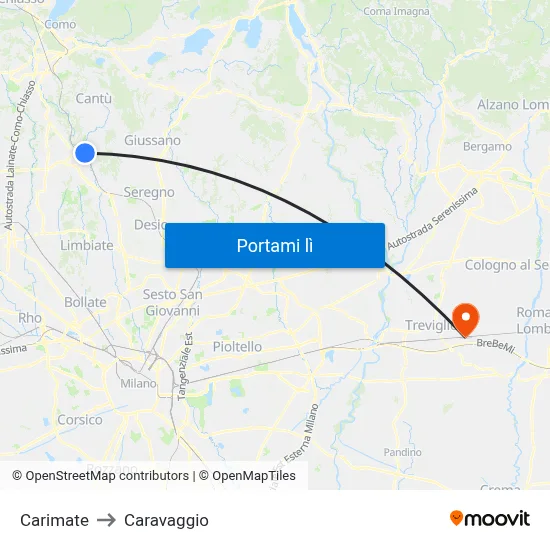 Carimate to Caravaggio map