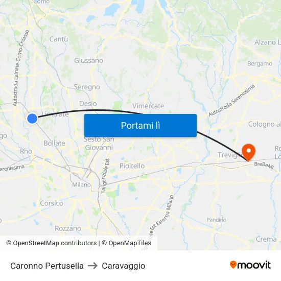 Caronno Pertusella to Caravaggio map