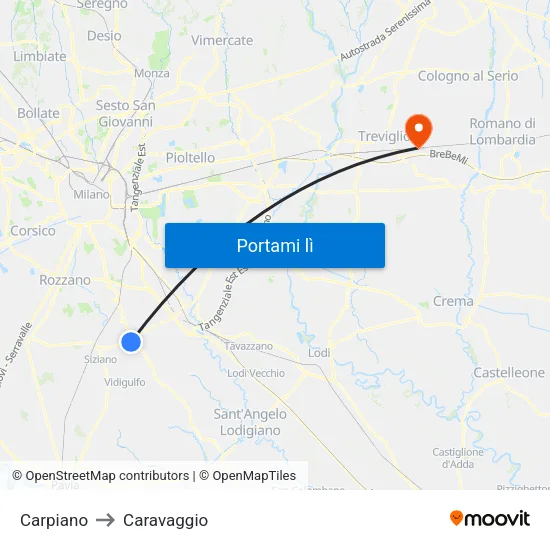 Carpiano to Caravaggio map