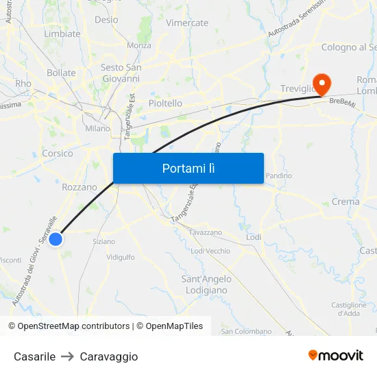 Casarile to Caravaggio map