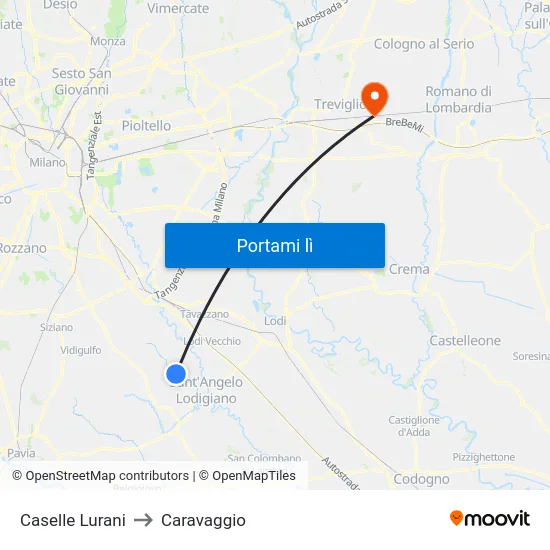 Caselle Lurani to Caravaggio map