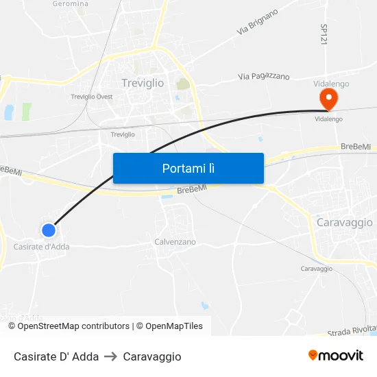 Casirate D' Adda to Caravaggio map