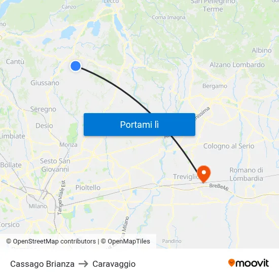 Cassago Brianza to Caravaggio map