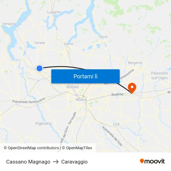 Cassano Magnago to Caravaggio map