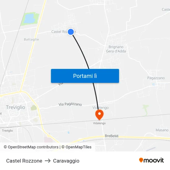 Castel Rozzone to Caravaggio map