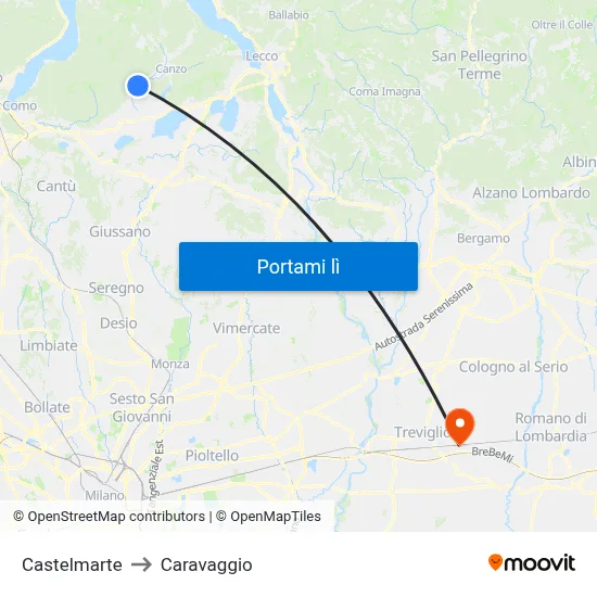 Castelmarte to Caravaggio map