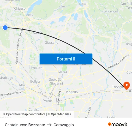 Castelnuovo Bozzente to Caravaggio map