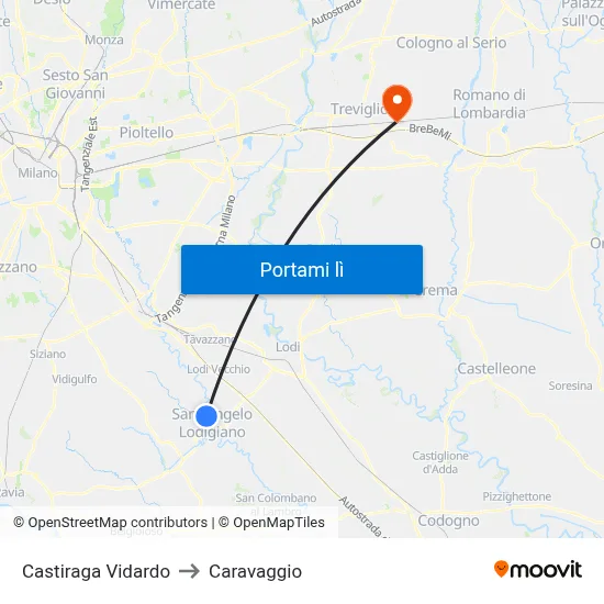 Castiraga Vidardo to Caravaggio map