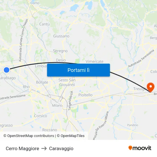 Cerro Maggiore to Caravaggio map