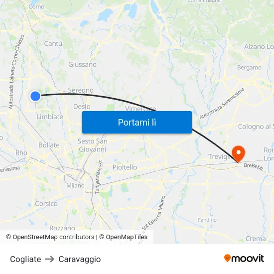 Cogliate to Caravaggio map