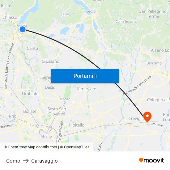 Como to Caravaggio map