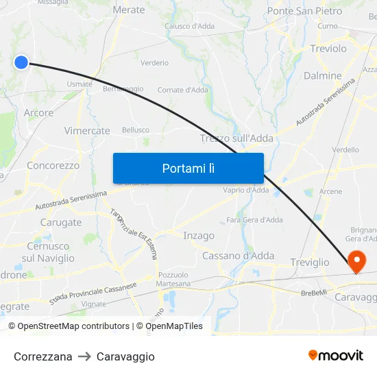 Correzzana to Caravaggio map