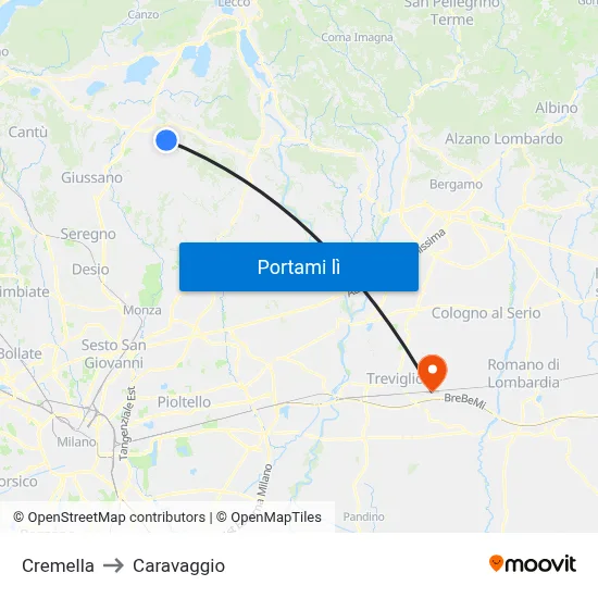 Cremella to Caravaggio map