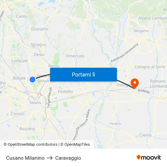 Cusano Milanino to Caravaggio map