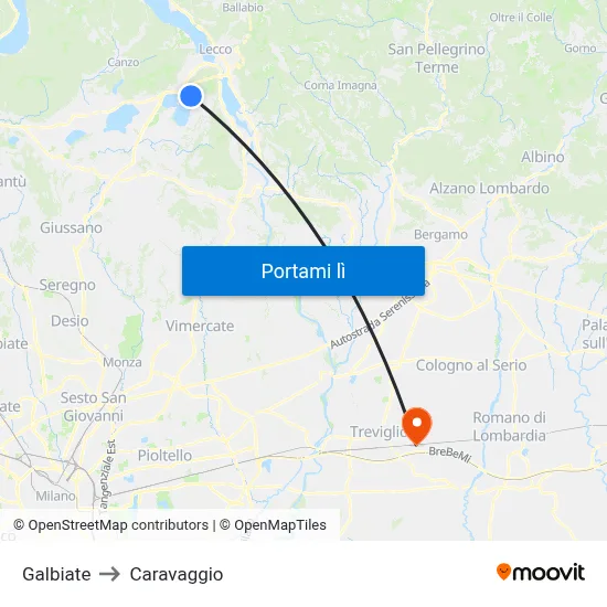 Galbiate to Caravaggio map