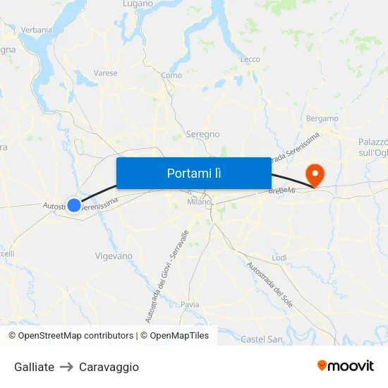 Galliate to Caravaggio map