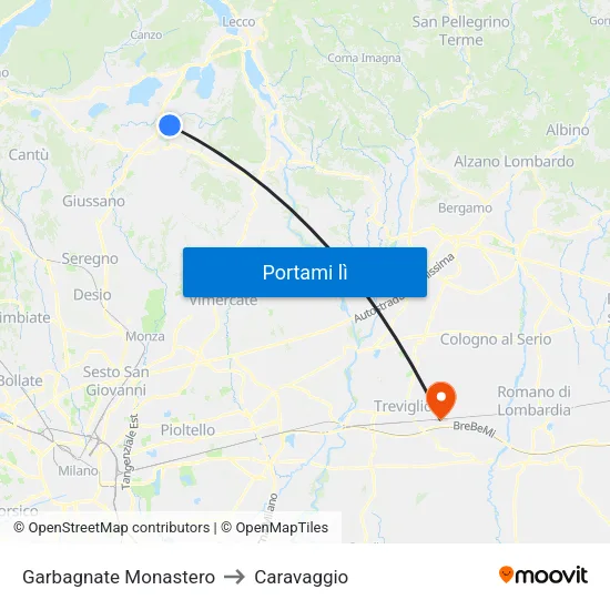 Garbagnate Monastero to Caravaggio map