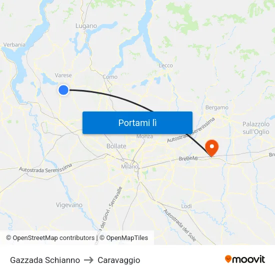 Gazzada Schianno to Caravaggio map