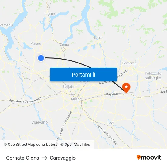 Gornate-Olona to Caravaggio map