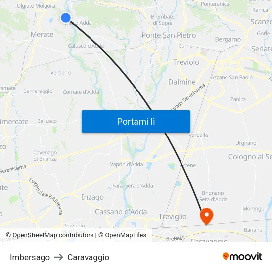 Imbersago to Caravaggio map