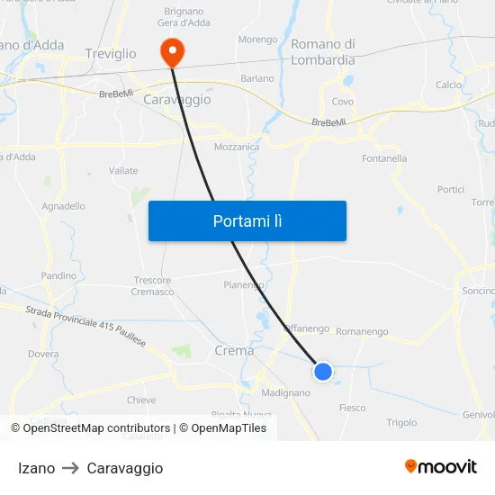 Izano to Caravaggio map