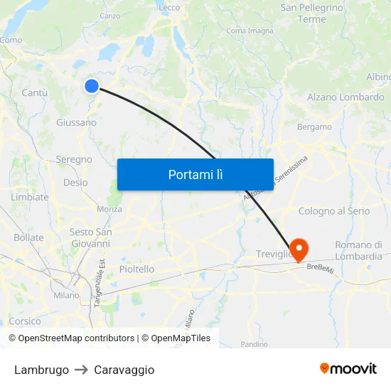 Lambrugo to Caravaggio map