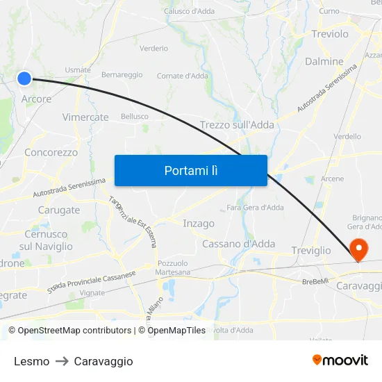 Lesmo to Caravaggio map