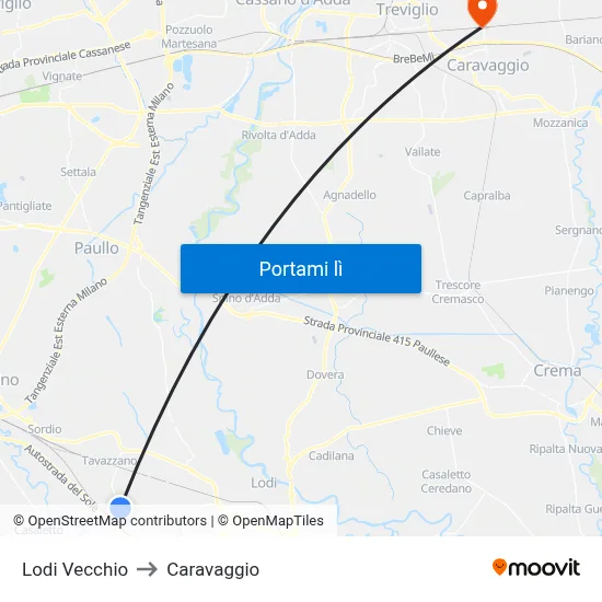 Lodi Vecchio to Caravaggio map