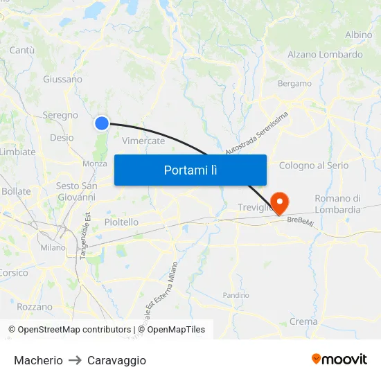 Macherio to Caravaggio map