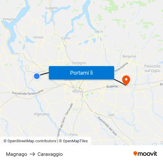 Magnago to Caravaggio map