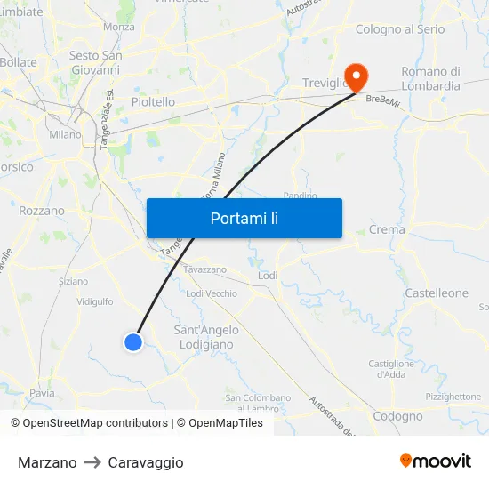 Marzano to Caravaggio map