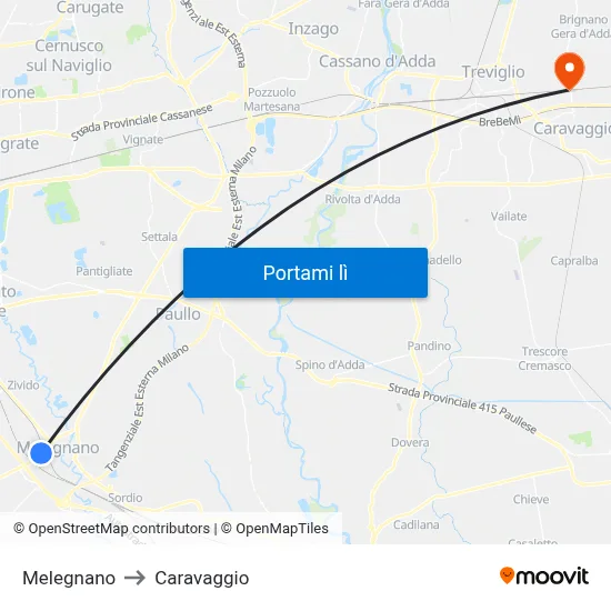 Melegnano to Caravaggio map