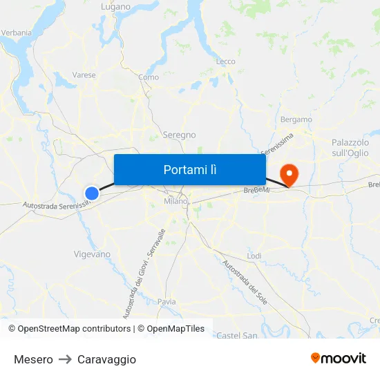 Mesero to Caravaggio map