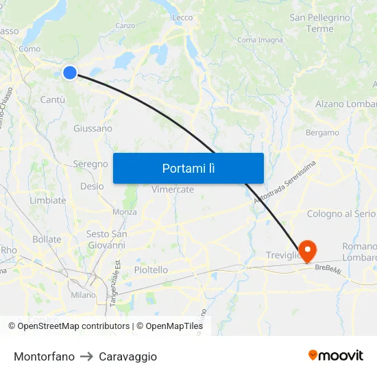 Montorfano to Caravaggio map