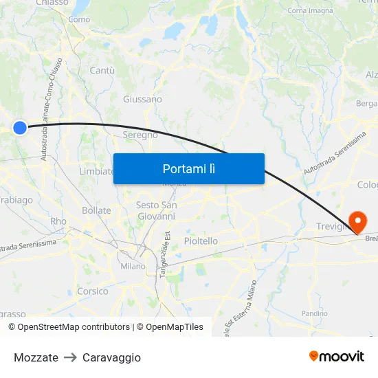 Mozzate to Caravaggio map