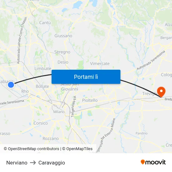 Nerviano to Caravaggio map