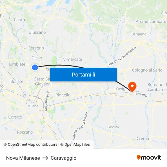 Nova Milanese to Caravaggio map