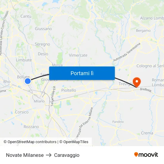 Novate Milanese to Caravaggio map