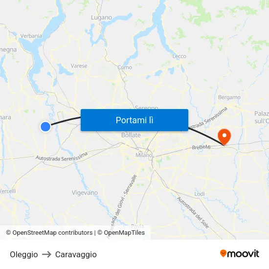 Oleggio to Caravaggio map