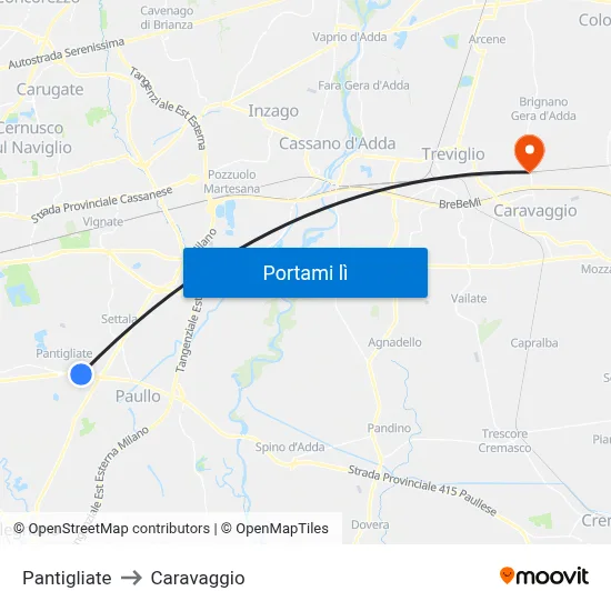 Pantigliate to Caravaggio map