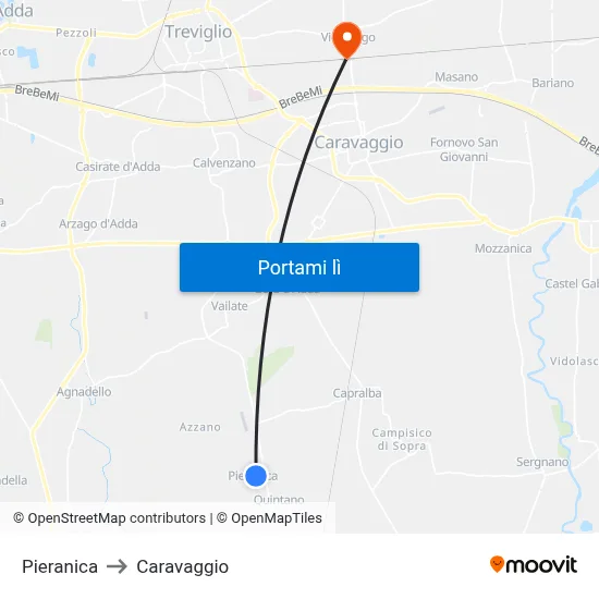Pieranica to Caravaggio map
