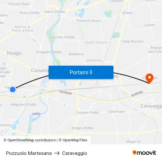Pozzuolo Martesana to Caravaggio map