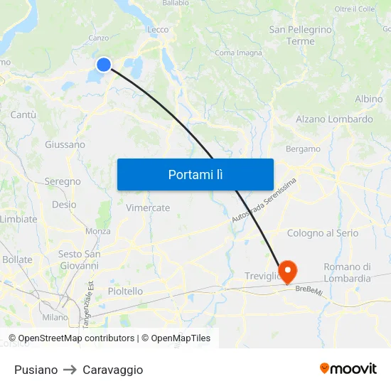 Pusiano to Caravaggio map
