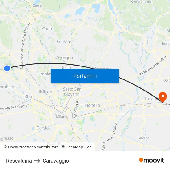 Rescaldina to Caravaggio map