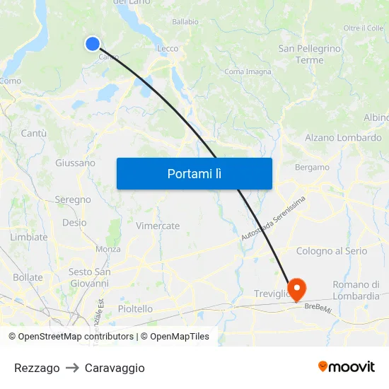 Rezzago to Caravaggio map