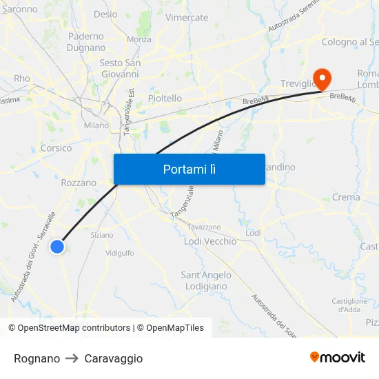 Rognano to Caravaggio map