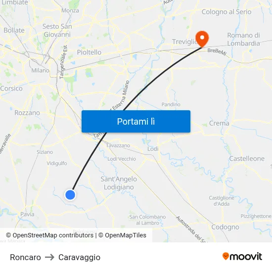 Roncaro to Caravaggio map