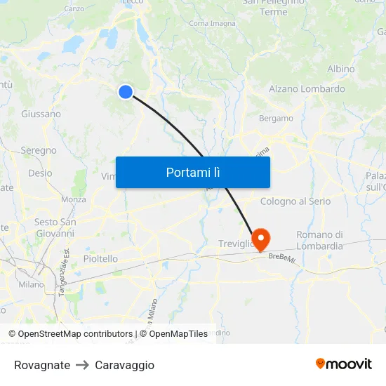 Rovagnate to Caravaggio map