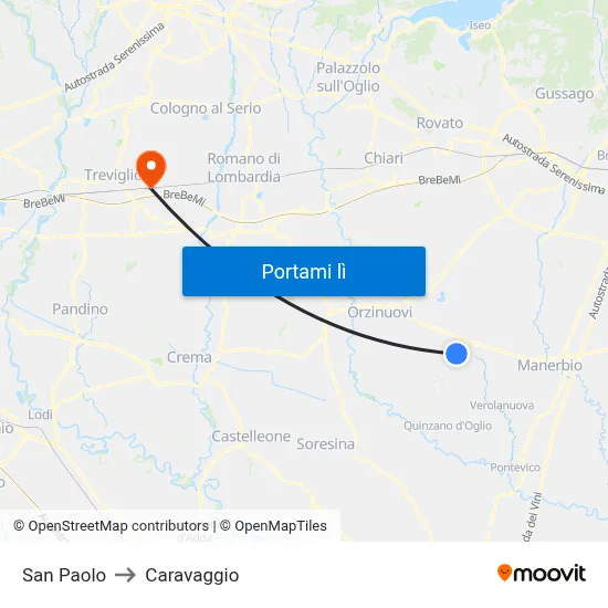 San Paolo to Caravaggio map