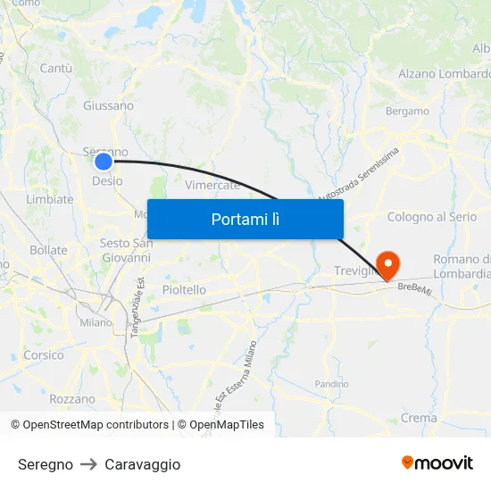 Seregno to Caravaggio map
